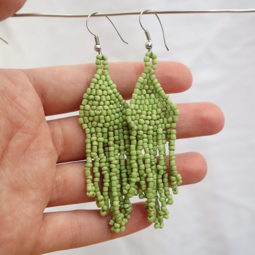 Green fringe seed bead dangle earrings